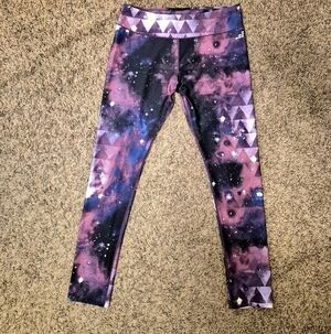 bcg Purple & Black Galaxy Print Women's Leggings with Triangle Accents Size L